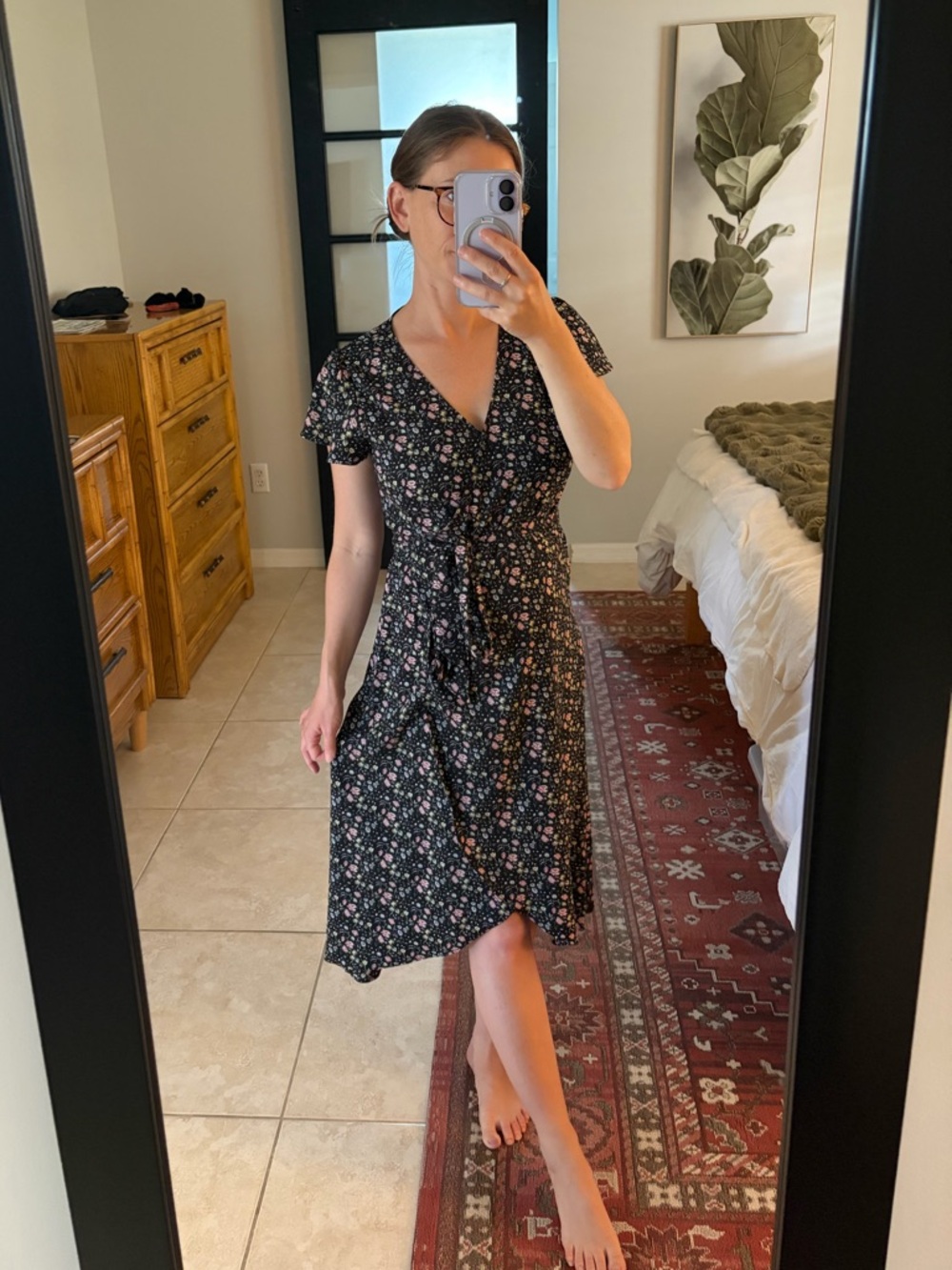 LOFT Black Floral Midi Wrap Dress Fluttered Sleeve